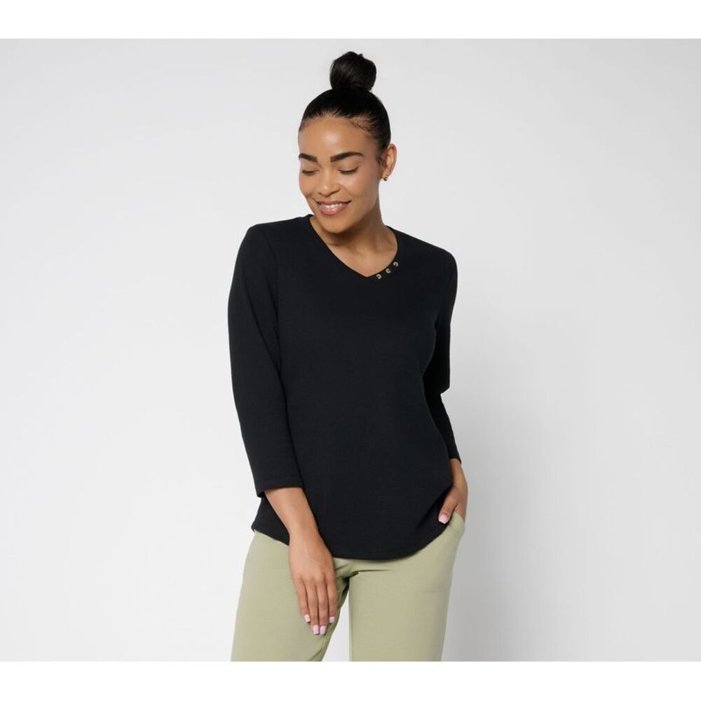Denim & Co. Women's Top Sz XL Essentials Waffle Knit V-Neck w Black